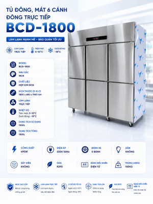Tủ đông 6 cánh inox đông trực tiếp BCD -1800