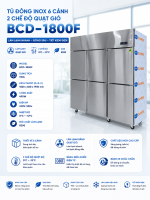 Tủ đông inox 6 cánh 2 chế độ Quạt Gió BCD -1800F